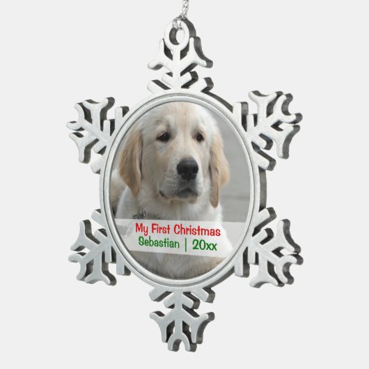 Gepersonaliseerde foto-sjabloon voor eerste kerstm tin sneeuwvlok ornament (Rechts)