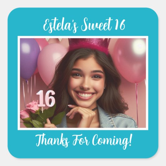 Gepersonaliseerde foto Sweet 16th Birthday Bedankt Vierkante Sticker (Voorkant)