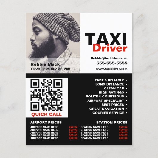 Gepersonaliseerde foto, taxichauffeur - prijslijst flyer (Voorkant)