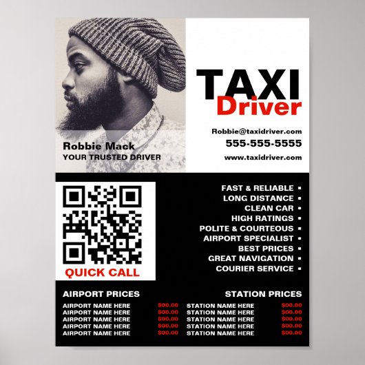 Gepersonaliseerde foto, taxichauffeur - prijslijst poster (Voorkant)