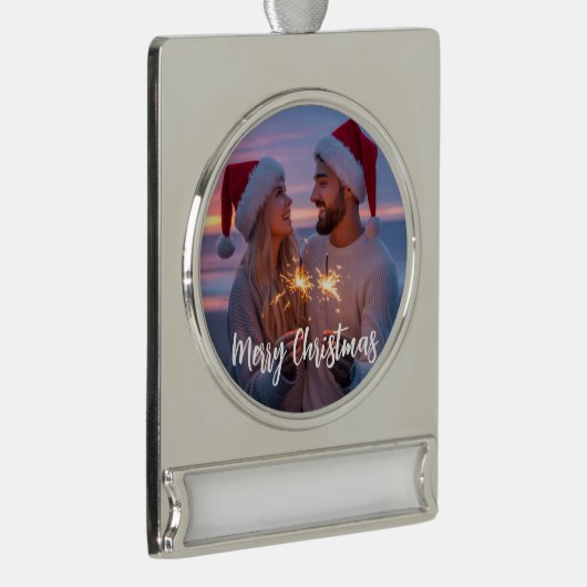 Gepersonaliseerde Foto & Tekst Kerstmis 2025 Aange Verzilverd Banner Ornament (Rechts)