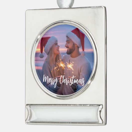 Gepersonaliseerde Foto & Tekst Kerstmis 2025 Aange Verzilverd Banner Ornament (Links)