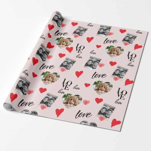 Gepersonaliseerde Foto Valentijns's Roze & Rood Cadeaupapier (Uitgerold)