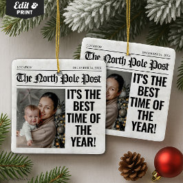 Gepersonaliseerde foto van de kerstkrant keramisch ornament