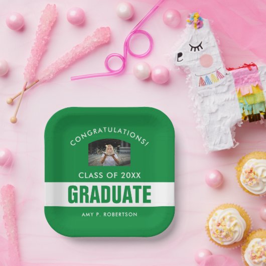Gepersonaliseerde foto van Groen en Wit Afstuderen Papieren Bordje (Feest)