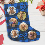 Gepersonaliseerde foto van Pet Collage Blauw, zwar Kleine Kerstsok<br><div class="desc">Vernietig je thuis en bederf je favoriete huisdier met deze superschattige en leuke persoonlijke foto-collage en kerst-monogram die in een blauw en zwart buffel design passen. 12 foto's, 6 aan weerszijden, voor al uw jaren favoriete foto's en herinneringen. U kunt een foto doen om elke maand van het jaar te...</div>