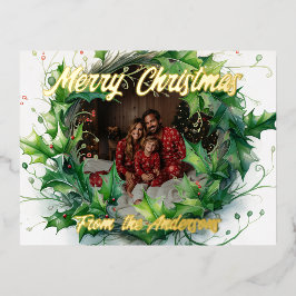Gepersonaliseerde foto Waterverf Holly Wreath Folie Feestdagen Briefkaart