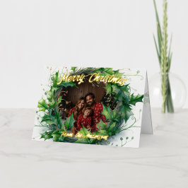 Gepersonaliseerde foto Waterverf Holly Wreath Folie Wenskaart