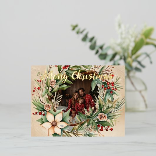 Gepersonaliseerde foto Waterverf Kerstkrans Folie Feestdagen Briefkaart (Staand Voorkant)