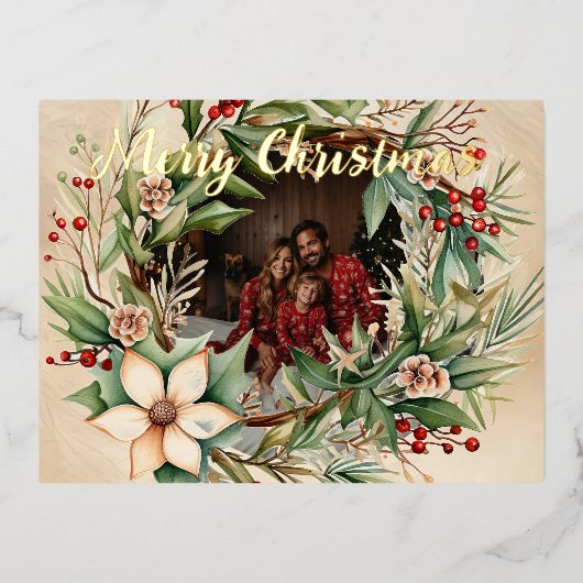 Gepersonaliseerde foto Waterverf Kerstkrans Folie Feestdagen Briefkaart (Voorkant)
