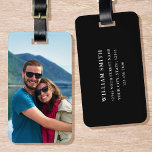 Gepersonaliseerde Foto Zwart Eenvoudig Modern Bagagelabel<br><div class="desc">Creëer uw eigen foto bagagelabel! Een stijlvolle sjabloon gepersonaliseerd met een favoriete foto,  naam en contactgegevens. Aangepaste bagagelabels zijn een geweldig cadeau voor vrienden en familie,  en een handig accessoire op vakantie en zakenreizen! Gedrukte kleuren: donker marineblauw en wit.</div>