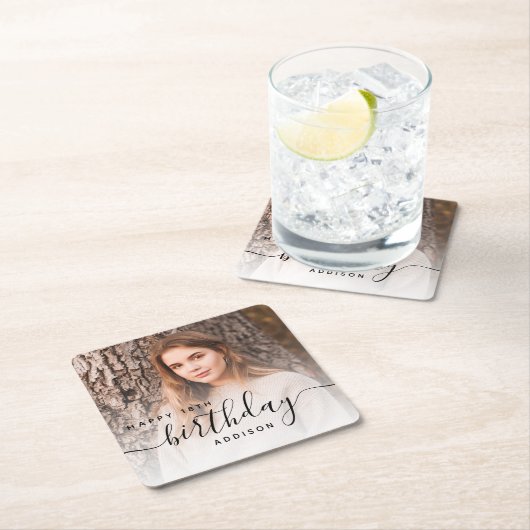 Gepersonaliseerde foto Zwart Script 18e verjaardag Kartonnen Onderzetters (Insitu)