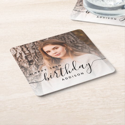 Gepersonaliseerde foto Zwart Script 18e verjaardag Kartonnen Onderzetters (Schuin)
