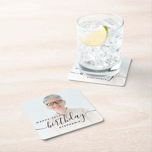 Gepersonaliseerde Foto Zwart Script 50e verjaardag Kartonnen Onderzetters (Insitu)