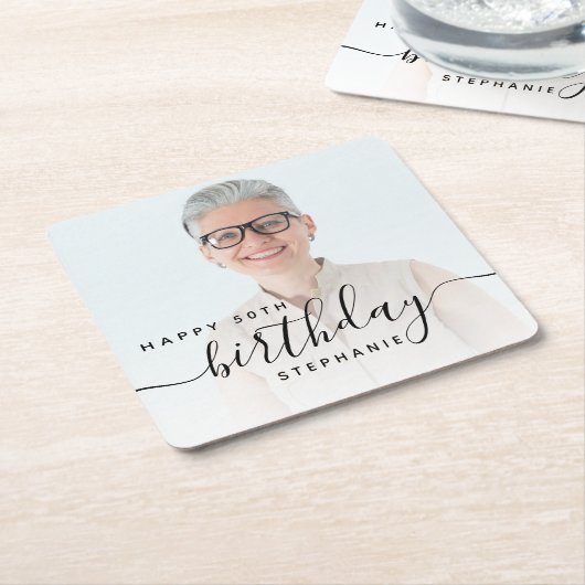 Gepersonaliseerde Foto Zwart Script 50e verjaardag Kartonnen Onderzetters (Schuin)