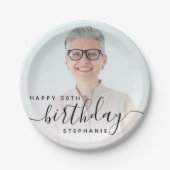 Gepersonaliseerde Foto Zwart Script 50e verjaardag Papieren Bordje (Voorkant)