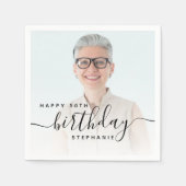 Gepersonaliseerde Foto Zwart Script 50e verjaardag Servet (Voorkant)