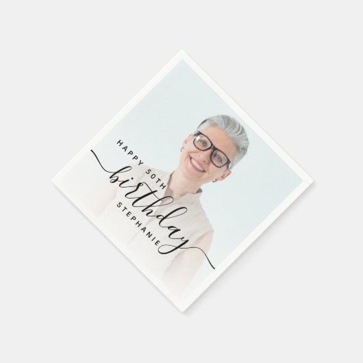 Gepersonaliseerde Foto Zwart Script 50e verjaardag Servet (Hoek)