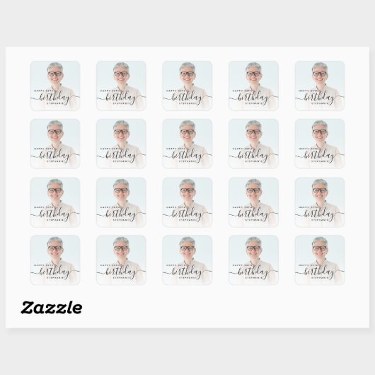 Gepersonaliseerde Foto Zwart Script 50e verjaardag Vierkante Sticker (Vel)