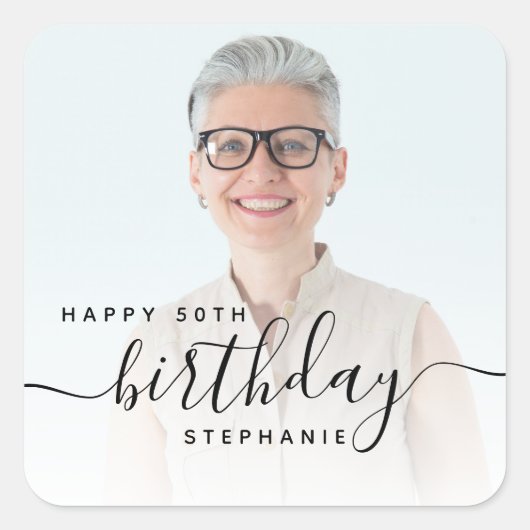 Gepersonaliseerde Foto Zwart Script 50e verjaardag Vierkante Sticker (Voorkant)