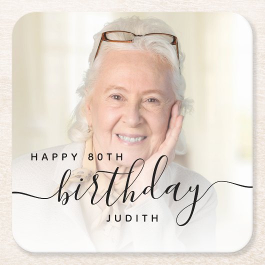 Gepersonaliseerde Foto Zwart Script 80e verjaardag Kartonnen Onderzetters (Voorkant)
