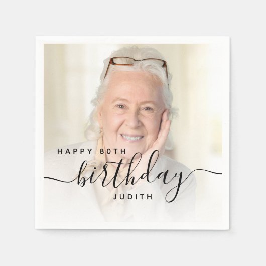 Gepersonaliseerde Foto Zwart Script 80e verjaardag Servet (Voorkant)