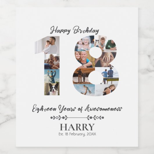 Gepersonaliseerde fotocollage 18e verjaardag wijn etiket (Enkel label)