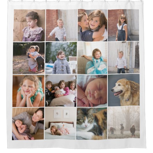 Gepersonaliseerde fotocollage met zestien foto's douchegordijn (Voorkant)