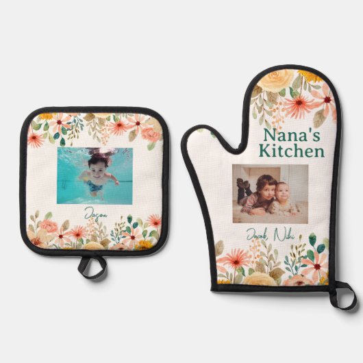 Gepersonaliseerde fotocollage Nana oma's keuken Ovenwant & Pannenlap Set (Voorkant)