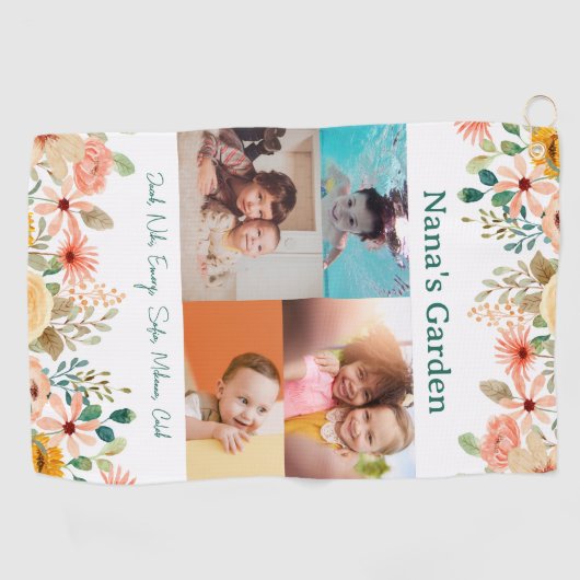 Gepersonaliseerde fotocollage Nana oma's tuin Golfhanddoek (Horizontaal)