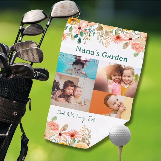 Gepersonaliseerde fotocollage Nana oma's tuin Golfhanddoek