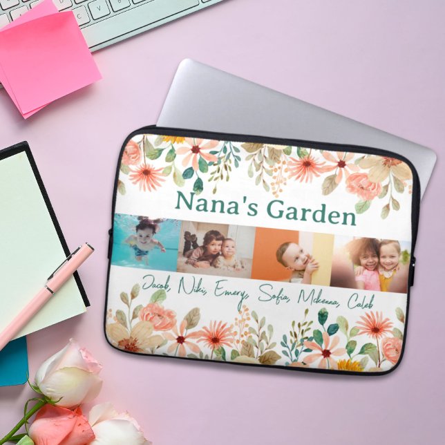 Gepersonaliseerde fotocollage Nana oma's tuin Laptop Sleeve (Personalized Photo Collage Nana Grandma's Garden Laptop Sleeve)