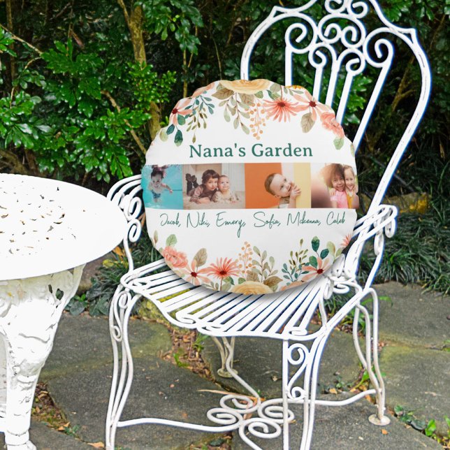 Gepersonaliseerde fotocollage Nana oma's tuin Rond Kussen (Personalized Photo Collage Nana Grandma's Garden Round Pillow)