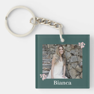 Gepersonaliseerde Fotonaam Pink Floral Hunter Gree Sleutelhanger