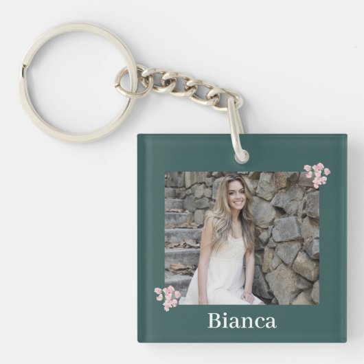 Gepersonaliseerde Fotonaam Pink Floral Hunter Gree Sleutelhanger (voorkant)