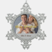 Gepersonaliseerde Fotosjabloon Goud en grijs Merry Tin Sneeuwvlok Ornament (Voorkant)