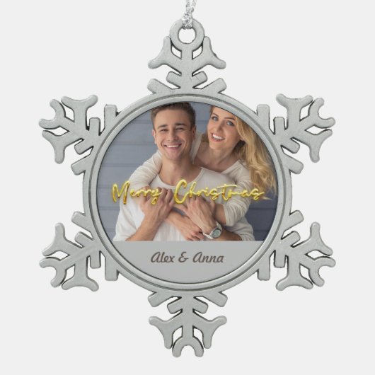 Gepersonaliseerde Fotosjabloon Goud en grijs Merry Tin Sneeuwvlok Ornament (Voorkant)