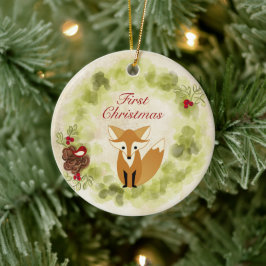 Gepersonaliseerde Fox and Wreath Baby's Eerste Ker Keramisch Ornament