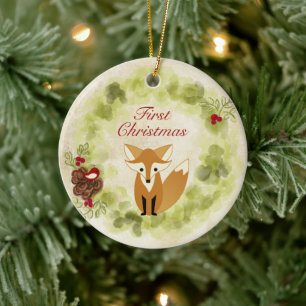 Gepersonaliseerde Fox and Wreath Baby's Eerste Ker Keramisch Ornament