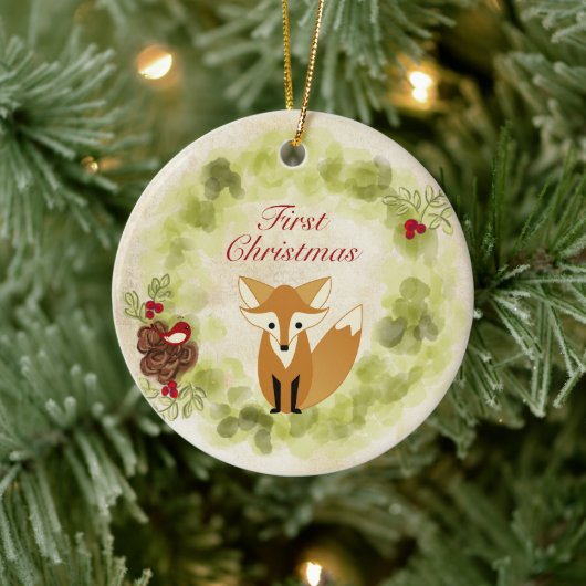 Gepersonaliseerde Fox and Wreath Baby's Eerste Ker Keramisch Ornament (Boom)