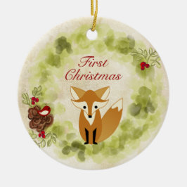 Gepersonaliseerde Fox and Wreath Baby's Eerste Ker Keramisch Ornament
