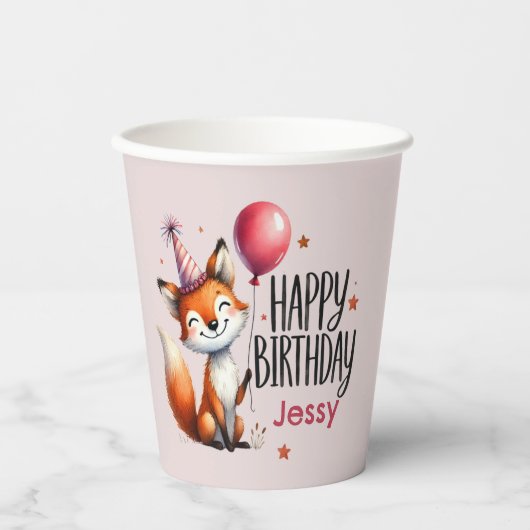 Gepersonaliseerde Fox Happy Birthday Paper Cups Papieren Bekers (Voorkant)