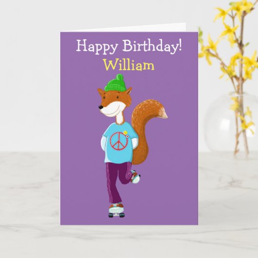 Gepersonaliseerde Fox op Roller Schaatsen Kaart (Gele Bloem)