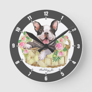 Gepersonaliseerde Franse Bulldog Floral Basket Ronde Klok
