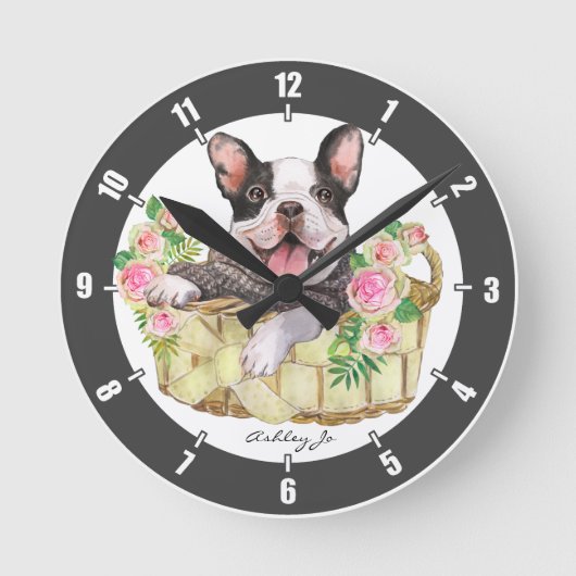 Gepersonaliseerde Franse Bulldog Floral Basket Ronde Klok (Voorkant)
