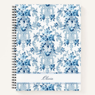 Gepersonaliseerde Franse Rococo Blue & White Flora Notitieboek