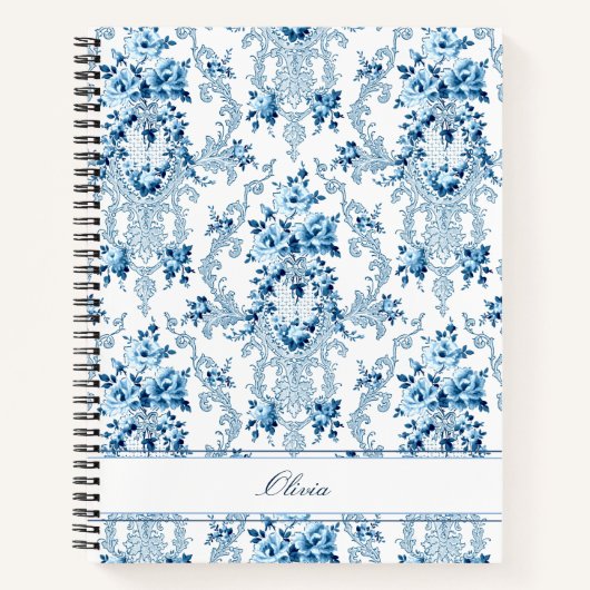 Gepersonaliseerde Franse Rococo Blue & White Flora Notitieboek (Voorkant)