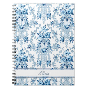Gepersonaliseerde Franse Rococo Blue & White Flora Notitieboek