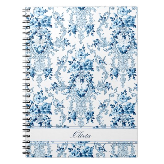 Gepersonaliseerde Franse Rococo Blue & White Flora Notitieboek (Voorkant)