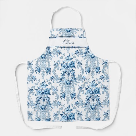 Gepersonaliseerde Franse Rococo Blue & White Flora Schort (Voorkant)